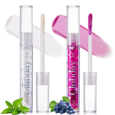 Jcoos Lip Gloss Lip Oil, Glitter Clear Lip Gloss, Purple Lip Gloss, Moisturizing, Shiny, Hydrating Lip Oil, Mint &amp; Grapes Flavored Lip Gloss, Lip Plumper Lipgloss Sets for Girls Women Kids Teens