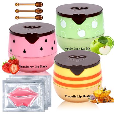 IONSGAKO 3PCS Bee Lip Balm Honey Pot, Honey Strawberry Apple Lime Lip Mask Sleeping Honey Lip Mask Overnight Hydrating Propolis Honey Pot Lip Balm for Cracked &amp; Dry Lips Care with Pink Lip Mask