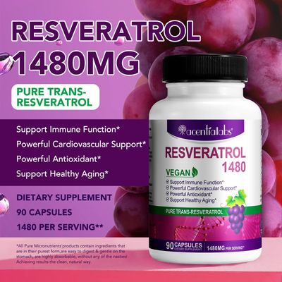 100 Natural Resveratro - 1480mg Per Serving, 90 Veggie Capsules, 99 Pure Trans-Resveratrol, Antioxidant for Healthy Aging, Brain &amp; Heart Support
