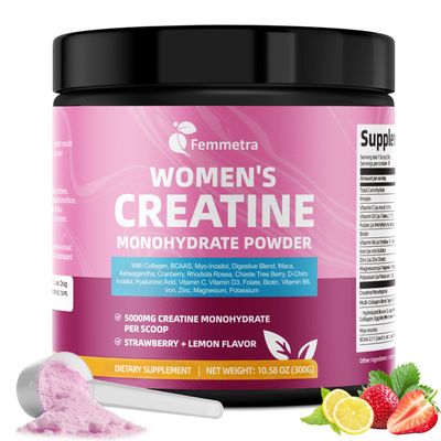 Femmetra Creatine for Women | Creatine Monohydrate Powder Ashwagandha Magnesium Vitamin C D3 B6 Iron Collagen Biotin Zinc Inositol Hyaluronic Acid Maca Methylfolate BCAA Rhodiola Rosea L Glutamine