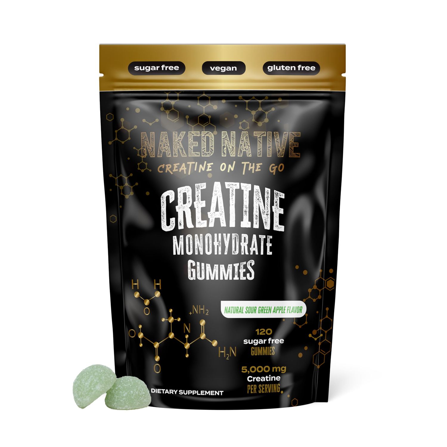 NAKED NATIVE Creatine Monohydrate Gummies 5000 MG, Chewable Gummies for Men &amp; Women, Increase Strength &amp; Build Muscle, Energy Boost, Gluten-Free, Sugar-Free, Vegan - 120 Count Green Apple Flavor