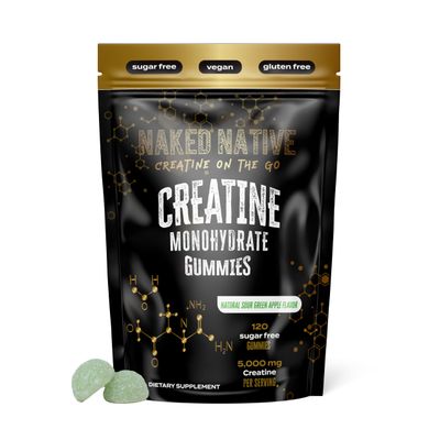 NAKED NATIVE Creatine Monohydrate Gummies 5000 MG, Chewable Gummies for Men &amp; Women, Increase Strength &amp; Build Muscle, Energy Boost, Gluten-Free, Sugar-Free, Vegan - 120 Count Green Apple Flavor