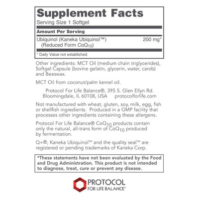 PROTOCOL FOR LIFE BALANCE Ubiquinol 200mg - Bioavailable CoQ10 Softgels - Heart Health Support - Oxidative Stress Quencher - Soy Free & Dairy Free - 60 Softgels