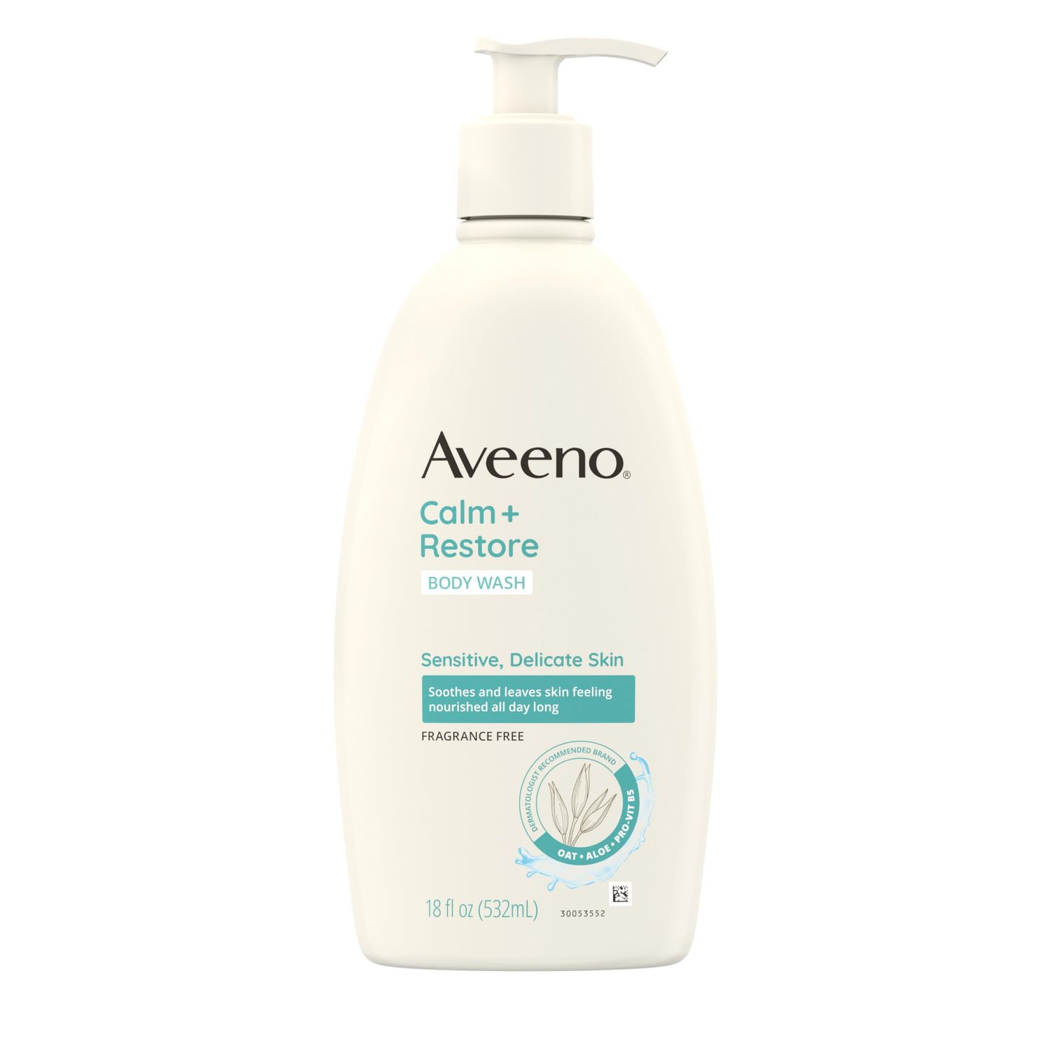 Aveeno Calm Restore Daily Body Wash for Sensitive, Delicate Skin, Gentle Cleanser with Oat, Aloe &amp; Pro-Vitamin B5 Soothes &amp; Leaves Skin Feeling Nourished, Fragrance Free, 18 fl. oz
