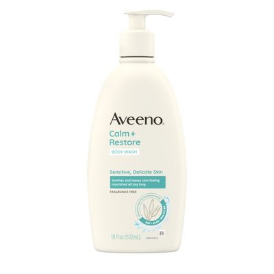 Aveeno Calm Restore Daily Body Wash for Sensitive, Delicate Skin, Gentle Cleanser with Oat, Aloe &amp; Pro-Vitamin B5 Soothes &amp; Leaves Skin Feeling Nourished, Fragrance Free, 18 fl. oz