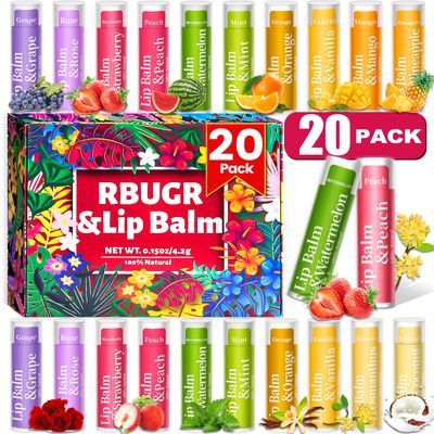 RBUGR 20 Pack Lip Balm, 12 Flavored Natural Lip Balm Bulk Set, Moisturizing Bulk Mini Balm Pack for Dry Cracked Lips,Hydrating for Gifts Party Favors(4.2g/0.15oz)