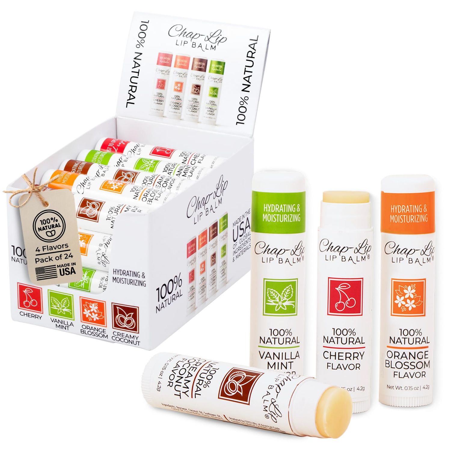 Chap-Lip Lip Balm 100 Natural Lip Balm Set - Hydrating and Moisturizing Beeswax Natural 4 Flavor Assortment - Lip Moisturizer for Dry Lips - Cocoa Butter - Petroleum Free Pack of 24