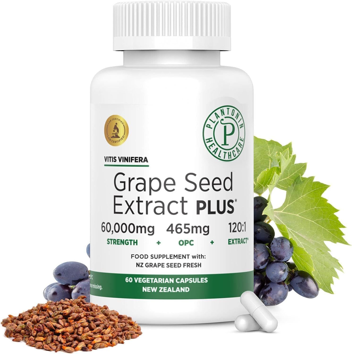Plantonin Grape Seed Extract 500 mg with 93 Polyphenols - 120:1 60,000mg Strength, 60 Capsules - 2 Months Supply - GMO &amp; Gluten Free - Polyphenols Extracts
