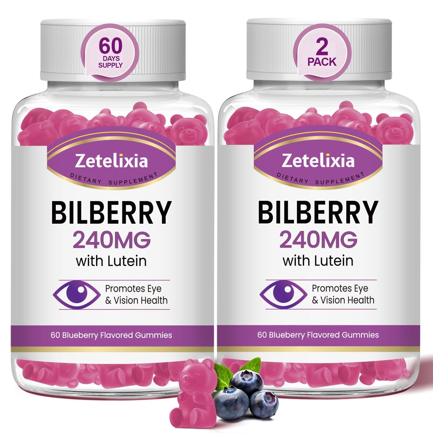 Zetelixia 2 Pack Lutein Gummmies Eye Health Supplement for Adults, Lutein &amp; Zeaxanthin Supplements Eye Vitamins Gummies, Bilberry with Lutein for Promoting Eye &amp; Vision - 120 Gummies