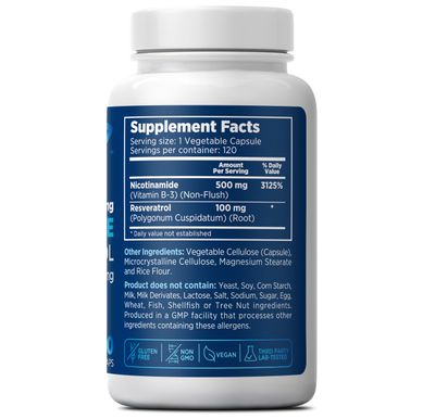 Nicotinamide 500 mg with Resveratrol 100 mg 120 Veggie Capsules - Non-GMO Vitamin B3, Supports Metabolic Health, NAD, Skin Cell & Mitochondrial Energy Production. Made in USA for Men and Women