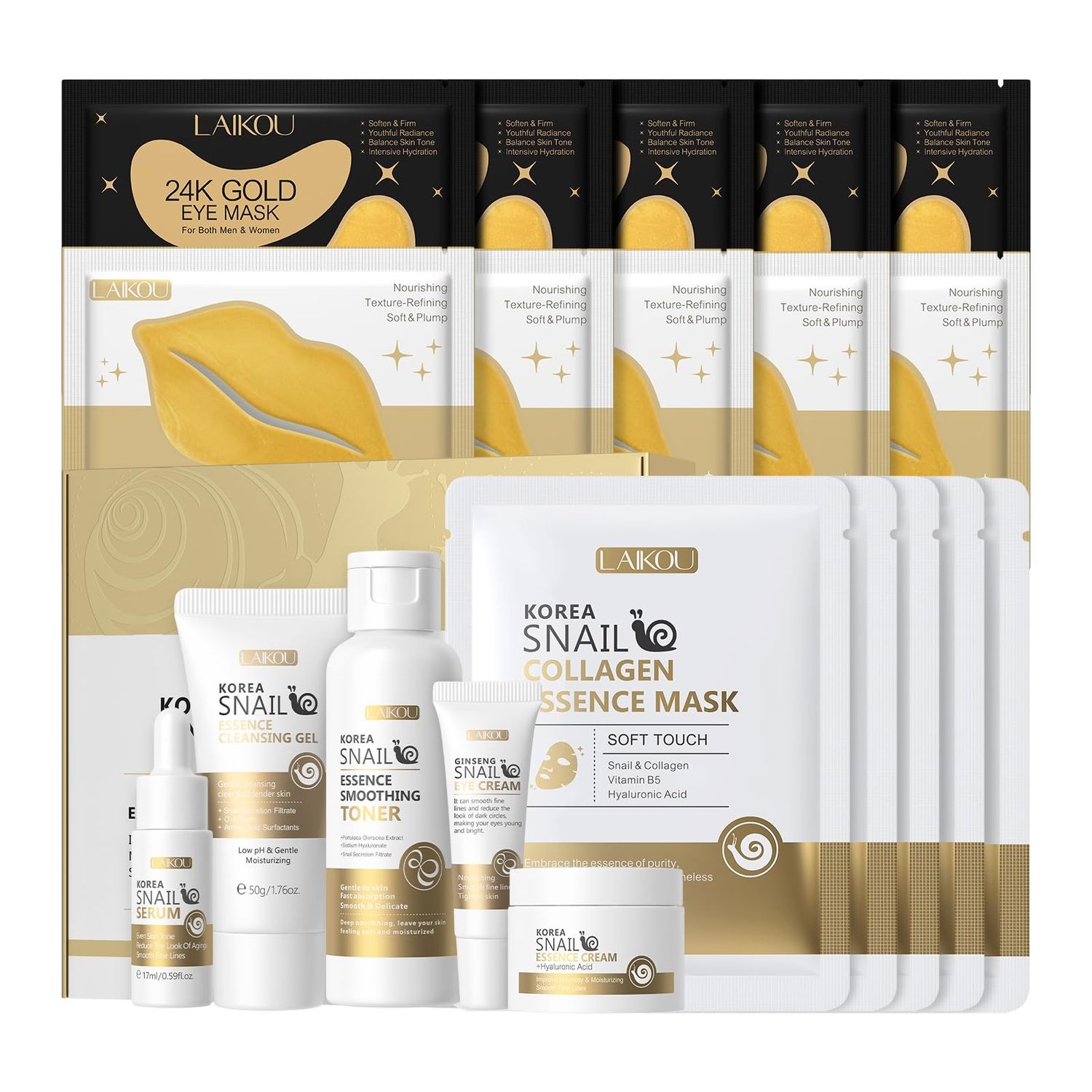 LAIKOU Korean Skin Care, Skin Care Set, Face Mask, Eye Mask, Lip Mask with Cleansing Gel, Toner, Eye Cream, Serum, Essence Cream for Women Teen Girls Mom Daughter Mother&#39;s Day Christmas Birthday