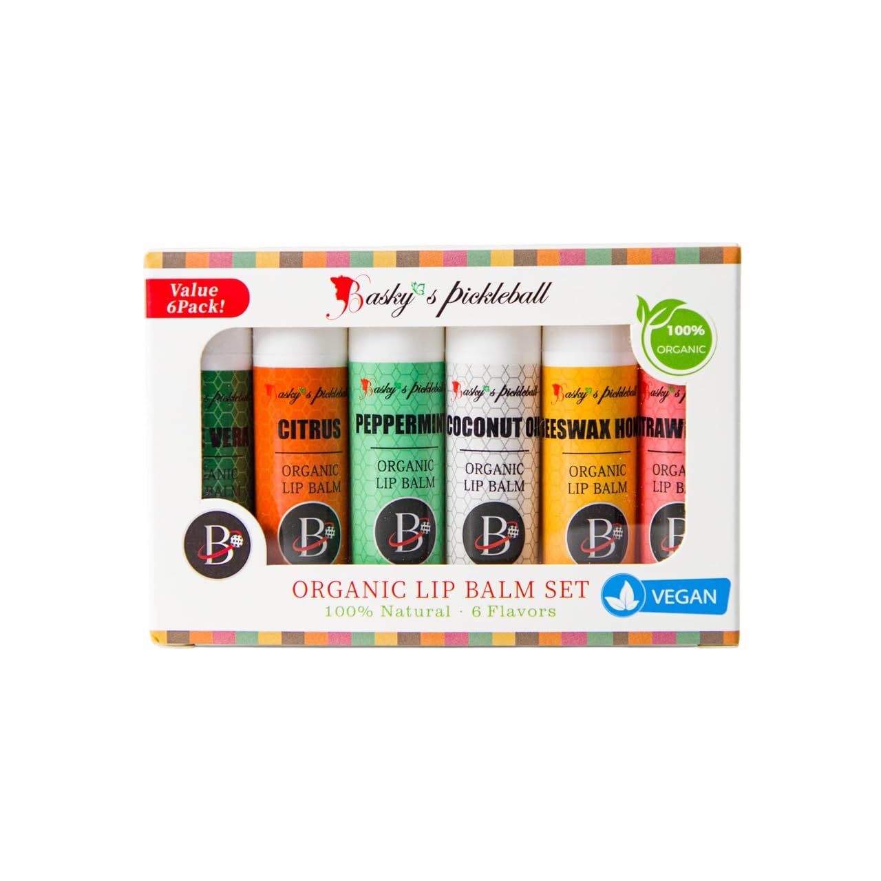 Basky&#39;s Pickleball Organic Lip Balm Set - 6 Flavors - 100 Natural Moisturizer for Cracked &amp; Dry Lips - First Lip Designed for Pickleball Players