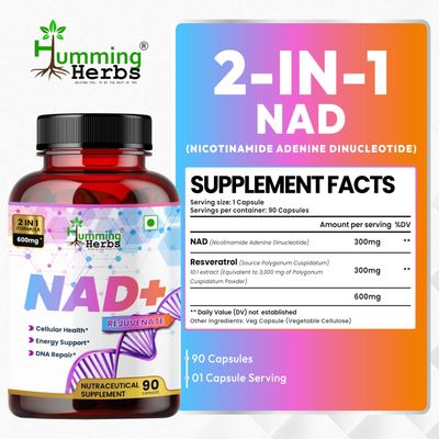 Humming Herbs NAD Booster Supplement Nicotinamide Adenine Dinucleotide with Resveratrol - 600mg 90 Vegan Capsules - Non-GMO, Gluten-Free