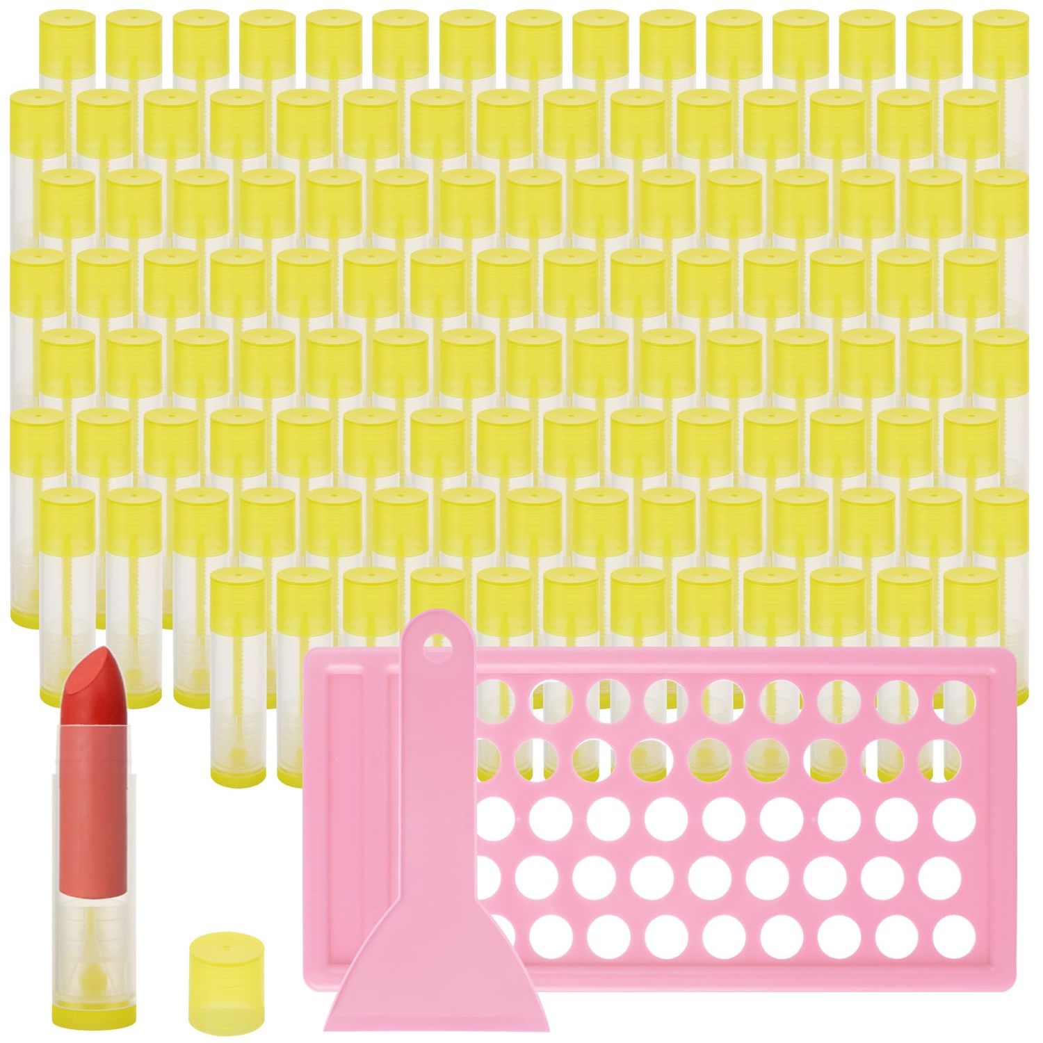 200PCS Lip Balm Tubes and Filling Tray and Spatula Set, Clear Lip Balm Container Tubes with Yellow Caps Empty Chapstick Tubes Empty Bulk for DIY Lipstick Homemade 3/16 Oz (5.5 ml)