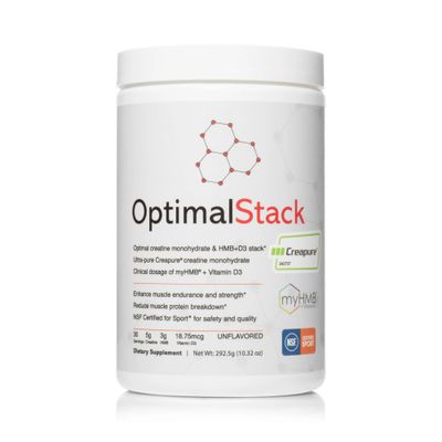 OptimalStack Creatine Monohydrate, HMB, &amp; Vitamin D3 Stack | with Creapure Creatine, Clinical Dosage of myHMB, and Vitamin D3 | NSF for Sport Certified | Unflavored, 30 Servings