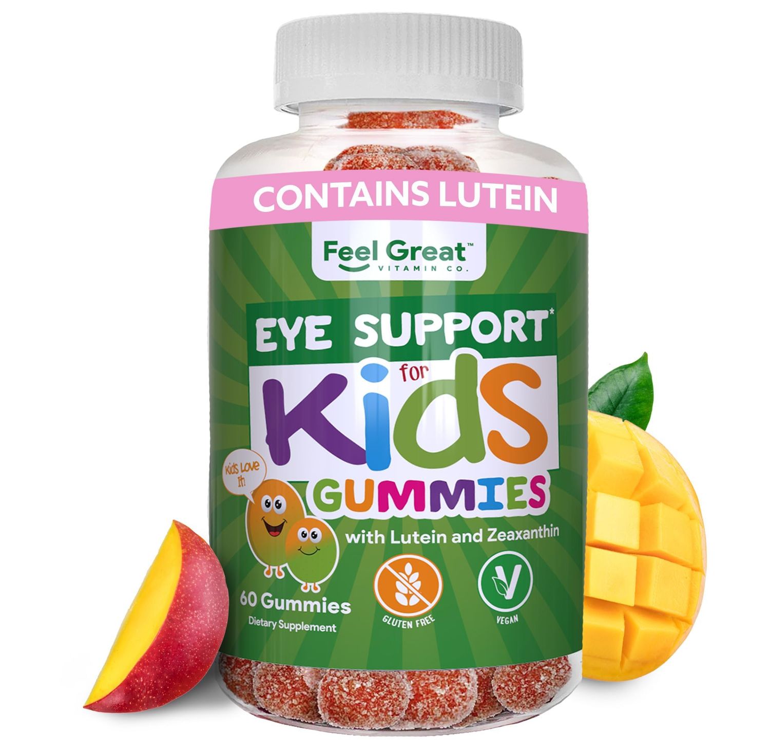 Feel Great Kids Gummy Vitamins for Eyes | Essential Eye Vitamins Lutein and Zeaxanthin | Mango Flavored Vegan Eye Vitamins for Kids | Gluten Free | 60 Day Supply