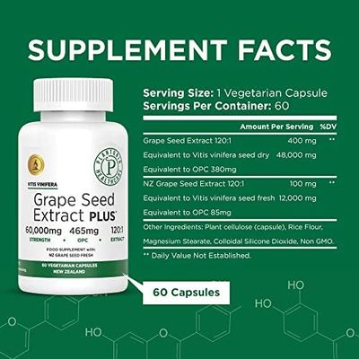 Plantonin Grape Seed Extract 500 mg with 93 Polyphenols - 120:1 60,000mg Strength, 60 Capsules - 2 Months Supply - GMO &amp; Gluten Free - Polyphenols Extracts