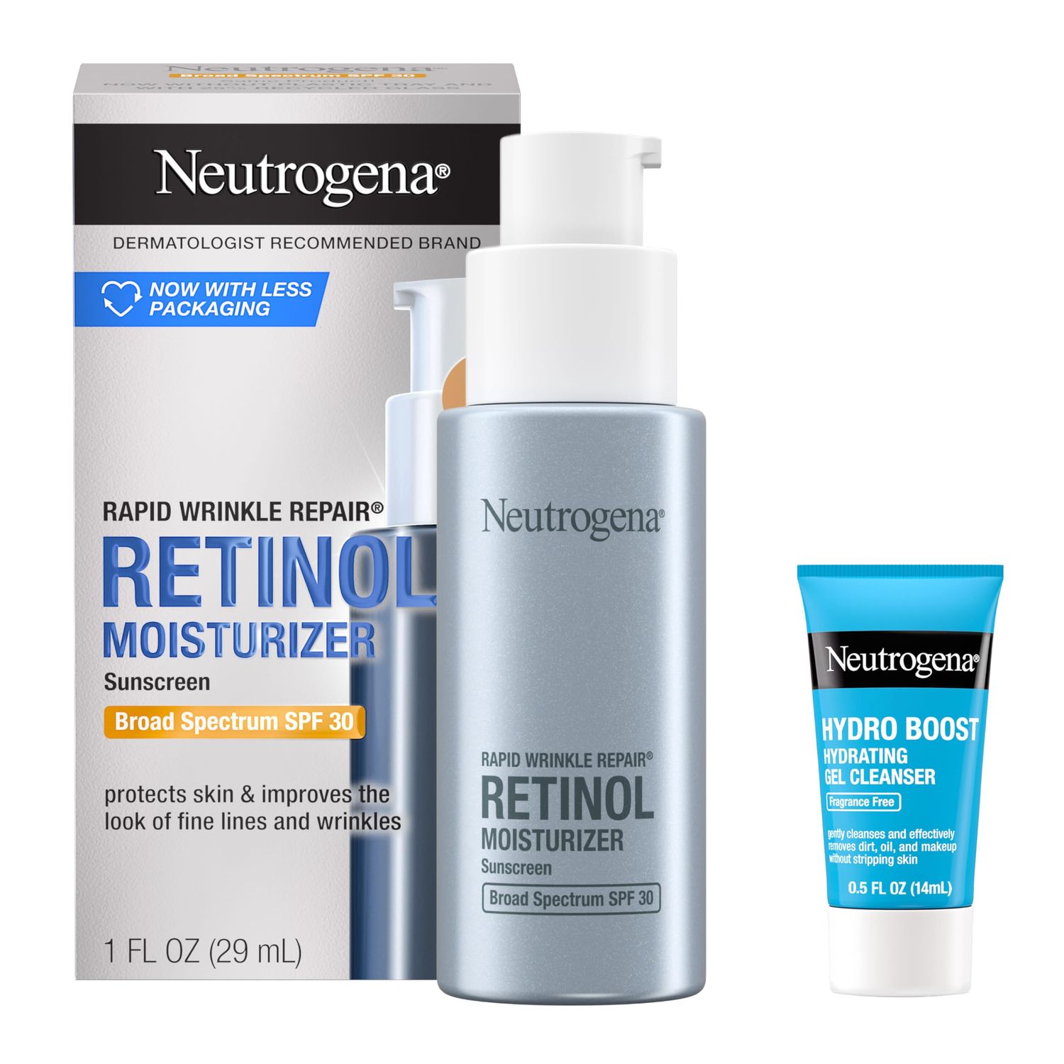 Neutrogena Rapid Wrinkle Repair Retinol Face Moisturizer with SPF 30, Daily Anti-Aging Face Cream, Retinol &amp; Hyaluronic Acid &amp; Trial Size Hydro Boost Facial Cleanser, 0.5 fl. oz