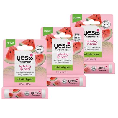 Yes To Watermelon Hydrating Lip Balm, Refreshing Non-Sticky Formula That Restores Dry Cracked Lips &amp; Locks In Moisture, With Apricot Kernel Oil &amp; Antioxidants, Natural &amp; Cruelty Free, 0.15 Oz, 3-Pack