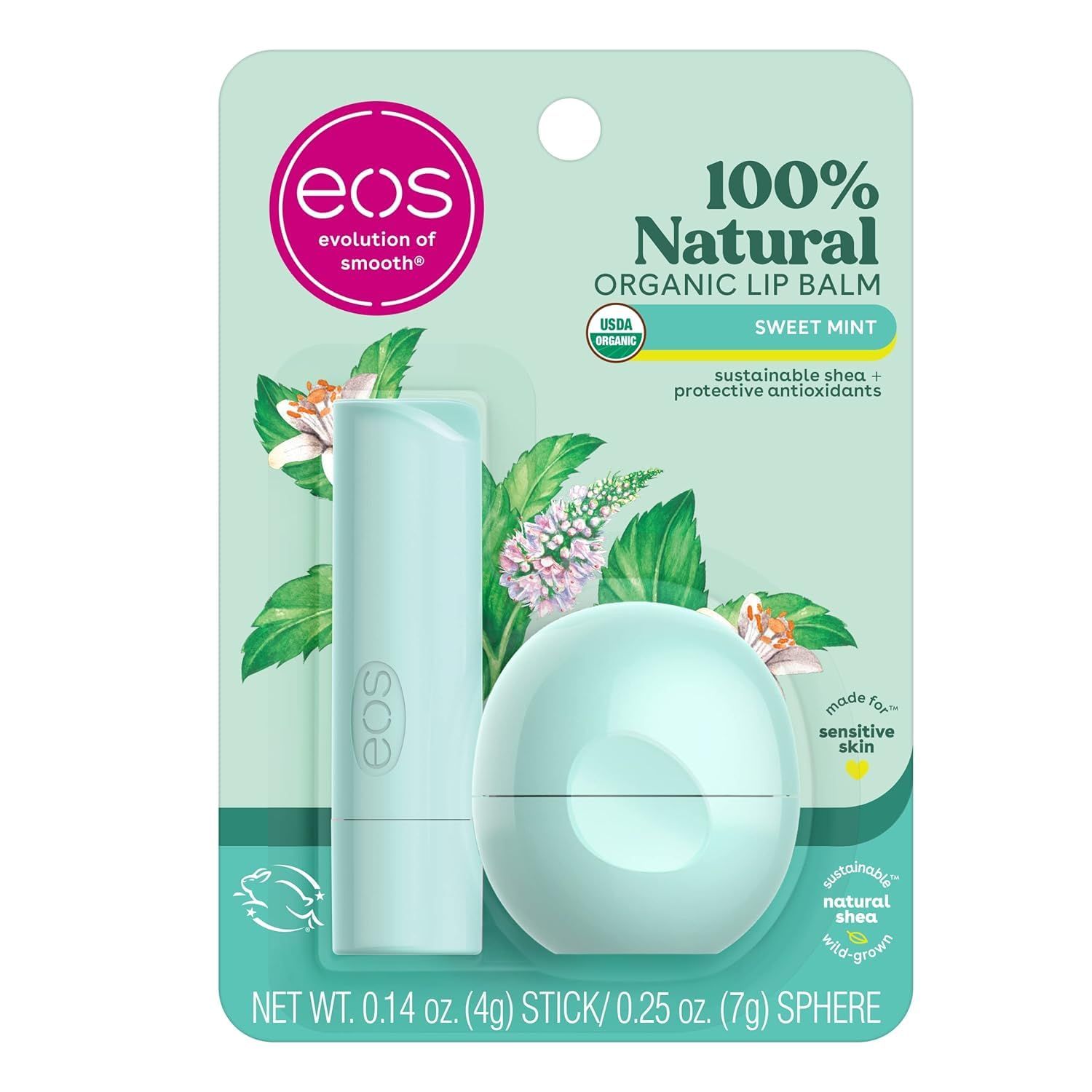 eos, 100 Natural Shea Lip Balm, Sweet Mint, 2 Pack, 0.39 oz (11 g)