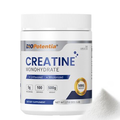 BIO POTENTIA Creatine Monohydrate Micronized Powder 100 Servings, Vegan Creatine 500G, Pre/Post-Workout, Easy Absorption, Gluten Free, 5000mg Per Serv (5g) - 17.6 Oz
