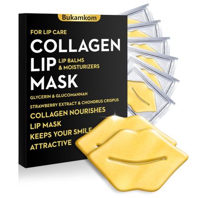 Bukamkom Collagen Lip Mask Patches Golden Sheets 20 Pack,24k Gold Overnight Lips Masks Moisturized Lips,Soothing &amp; Nourishing Moisture,Anti-Aging,Bulk Lip Patches masks Individually Wrapped