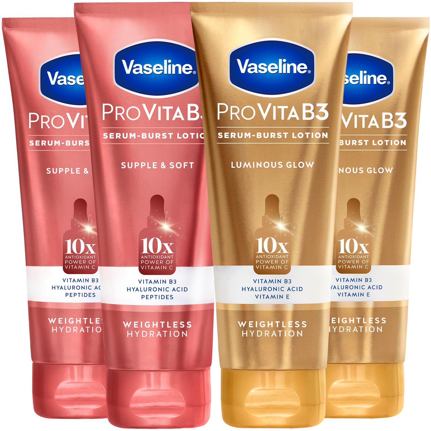 Vaseline Lotion, Pro VitaB3 Serum-Boost, Luminous Glow Supple &amp; Soft Variety 4-Pack - Weightless Hydration with Niacinamide and Hyaluronic Acid, 7.5 Oz Ea