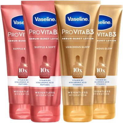 Vaseline Lotion, Pro VitaB3 Serum-Boost, Luminous Glow Supple &amp; Soft Variety 4-Pack - Weightless Hydration with Niacinamide and Hyaluronic Acid, 7.5 Oz Ea