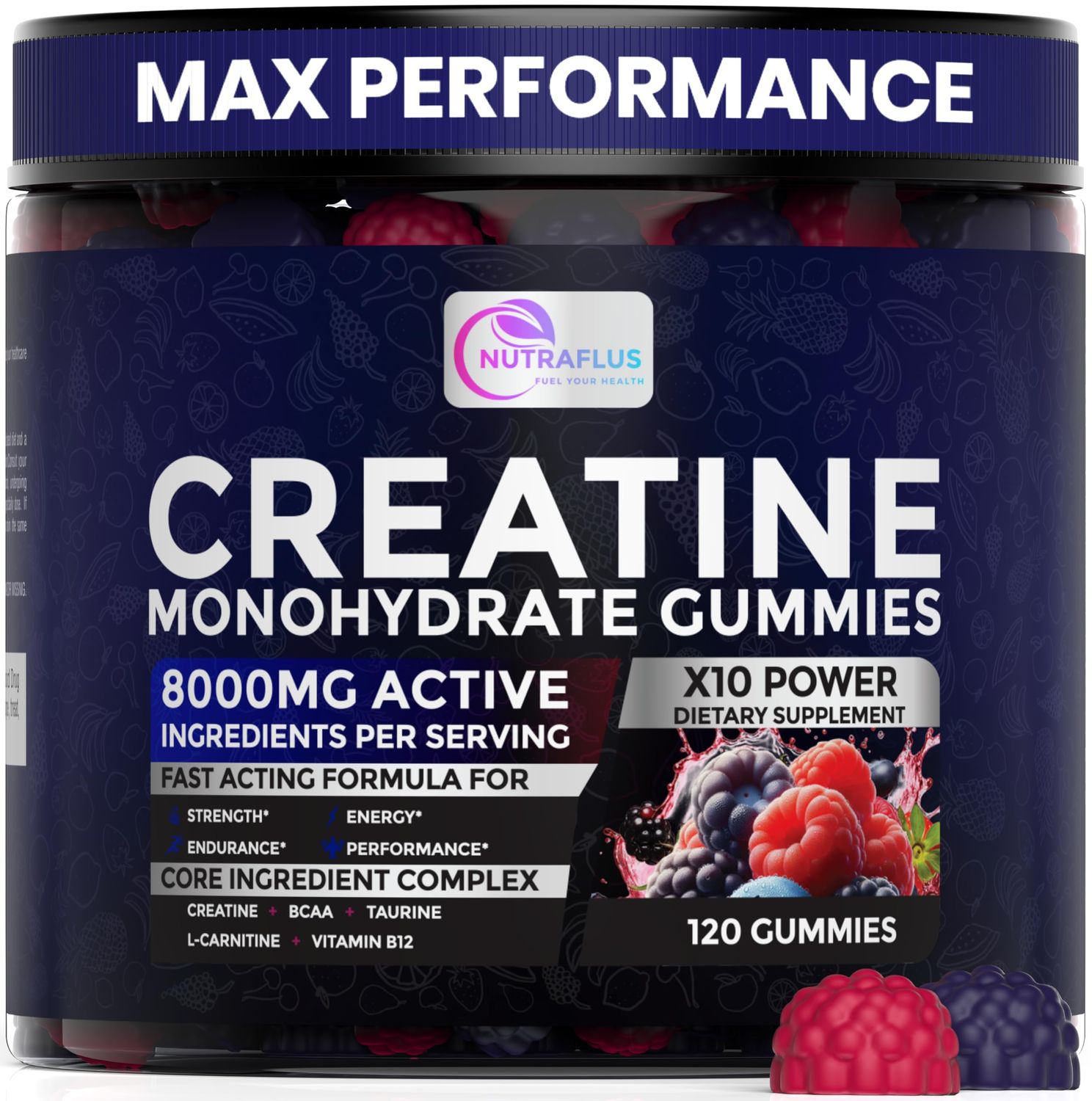 NUTRAFLUS Creatine Monohydrate Gummies - Berry Flavored Creatine Supplements for Women and Men - 120Pcs Pre Workout Gummies with BCAA, Taurine, Vitamin B12 - Promote Energy Boost, Performance