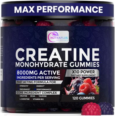 NUTRAFLUS Creatine Monohydrate Gummies - Berry Flavored Creatine Supplements for Women and Men - 120Pcs Pre Workout Gummies with BCAA, Taurine, Vitamin B12 - Promote Energy Boost, Performance