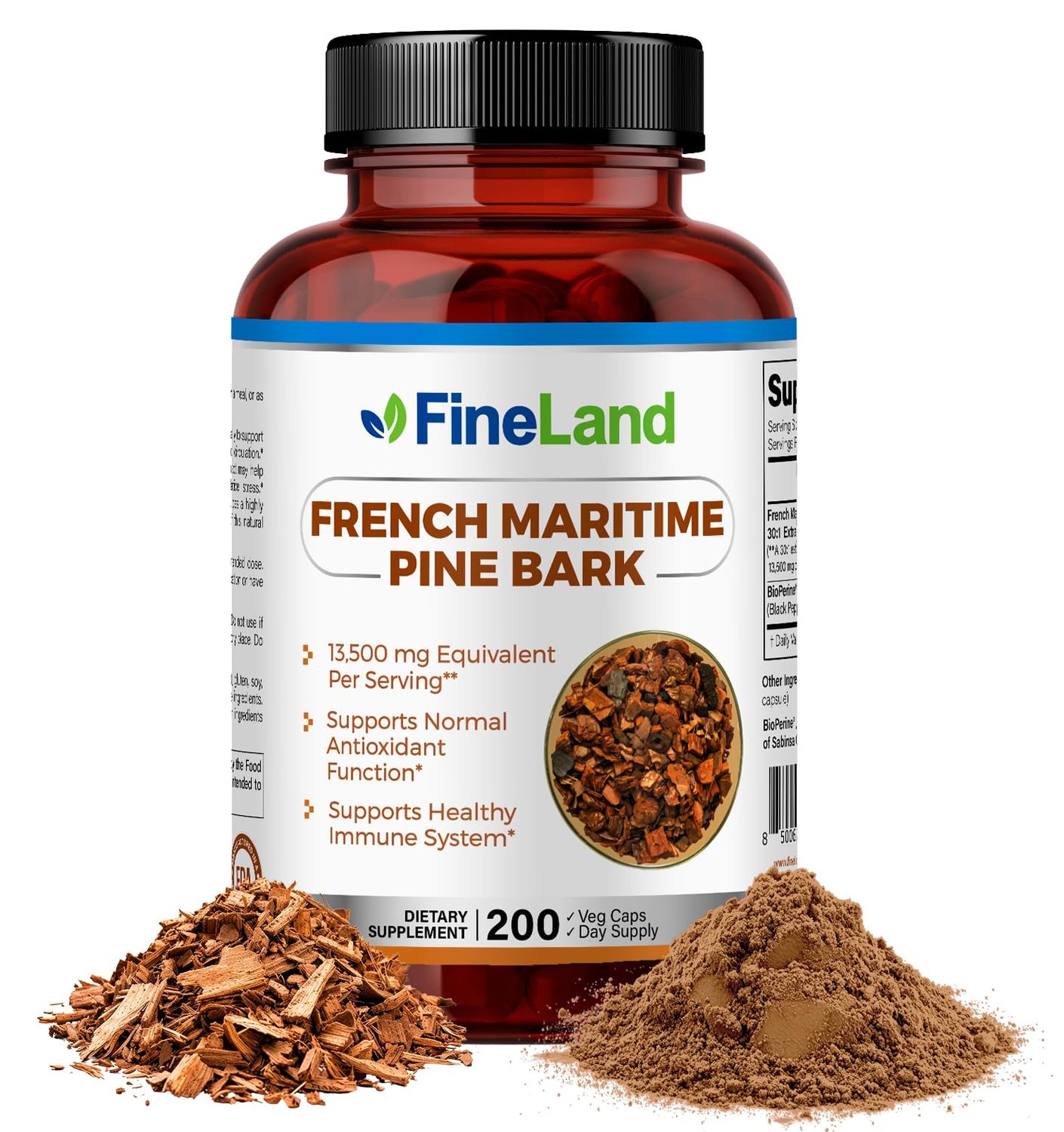 FineLand French Maritime Pine Bark 30:1 Extract Max Strength, 450 mg Per Capsule, Antioxidant, 200 Veggie Caps of Pine Bark Supplement for 200 Days, 100 Natural