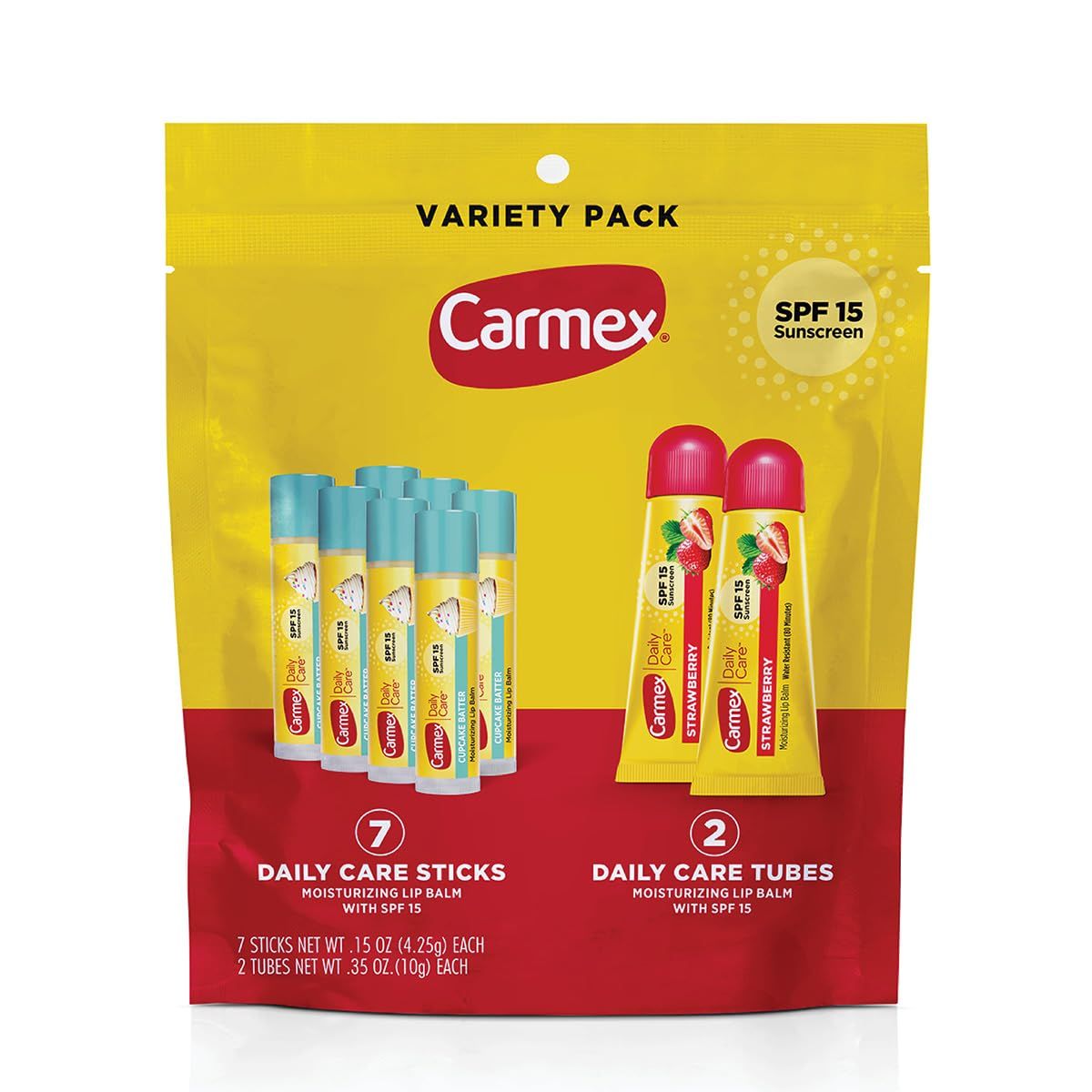 Carmex Daily Care Moisturizing Lip Balm Pack, SPF 15, Strawberry &amp; Cupcake Batter Flavor Variety Pack Bag, 9 Count (7 Sticks, 2 Tubes)