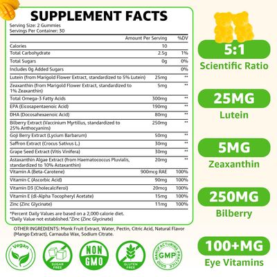 Sugar Free Lutein Gummies 25mg, Lutein and Zeaxanthin Supplements for Eye Health, 13-in-1 Eye Care Formula with Omega-3 Bilberry Saffron-Vision Health, Eye Strain, Dry Eyes, Vegan Mango Flavor 120 Ct