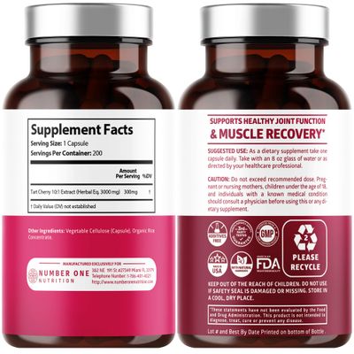 N1N Premium Tart Cherry Extract Capsules, 200 Veg Caps, 3000 mg, Powerful Antioxidant, Joint Health and Mobility, Non-GMO, Gluten Free, 200 Veggie Caps