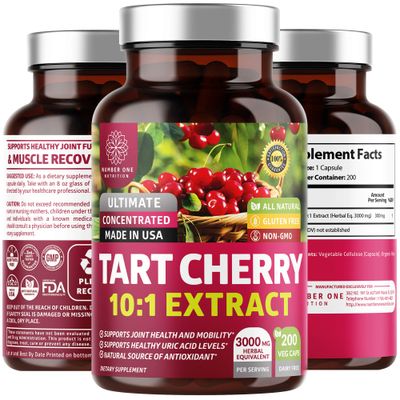 N1N Premium Tart Cherry Extract Capsules, 200 Veg Caps, 3000 mg, Powerful Antioxidant, Joint Health and Mobility, Non-GMO, Gluten Free, 200 Veggie Caps