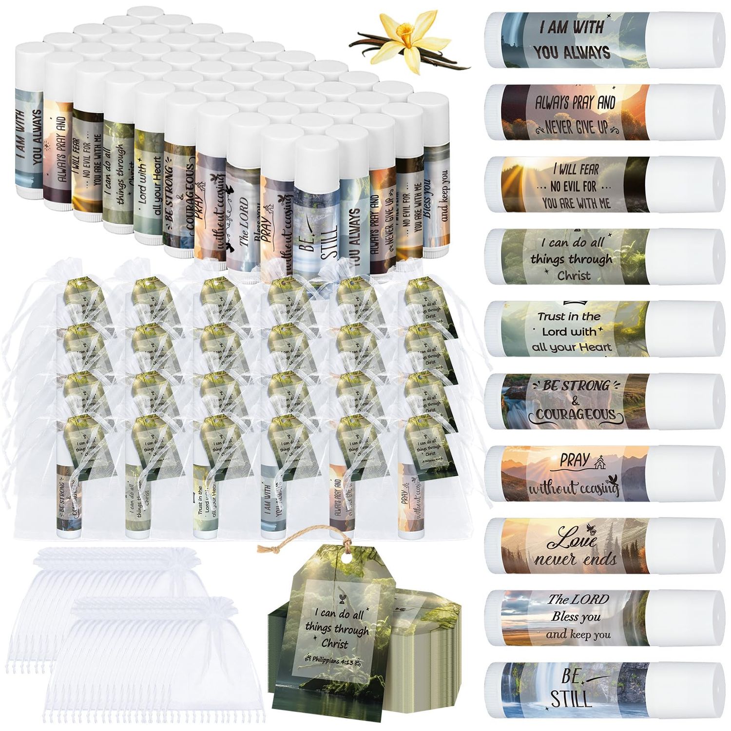 Sacubee 50 Sets Lip Balms Christian Gifts for Women Religious Scripture Bible Verse Inspirational Motivational Small Thank You Gift for Church Coworker Birthday Teacher 10 Styles Vanilla Flavor