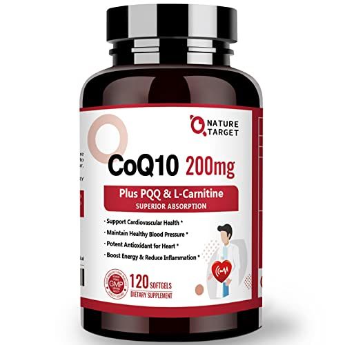 NATURE TARGET CoQ10-200mg with PQQ L-Carnitine &amp; Omega-3s, High Absorption Coenzyme-Q10 with BioPerine, Supports Heart and Immune System, Cellular-Energy-Production, 120 Servings