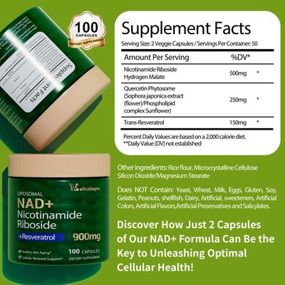 Welitalisync Premium NAD Supplement - Nicotinamide Riboside &amp; Resveratrol 900mg - Fast-Absorbing Cellular Renewal Capsules for Energy, Anti-Aging &amp; Brain Health - Vegan, Non-GMO, 100 C