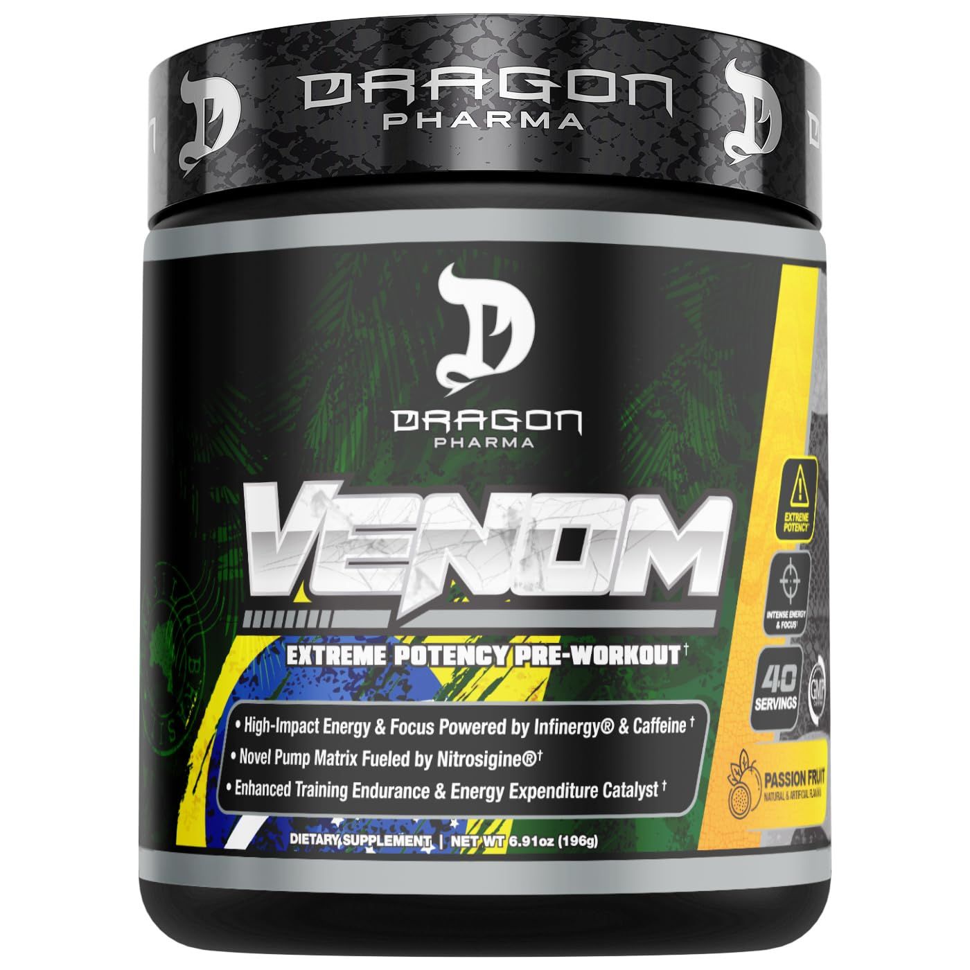 DRAGON PHARMA Venom Extreme Potency Pre-Workout, Laser Sharp Focus Energy, Intense Performance, Proven Ingredients for Enhanced Vasodilation &amp; Endurance (40 Servings, Passion Fruit)