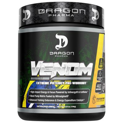 DRAGON PHARMA Venom Extreme Potency Pre-Workout, Laser Sharp Focus Energy, Intense Performance, Proven Ingredients for Enhanced Vasodilation &amp; Endurance (40 Servings, Passion Fruit)