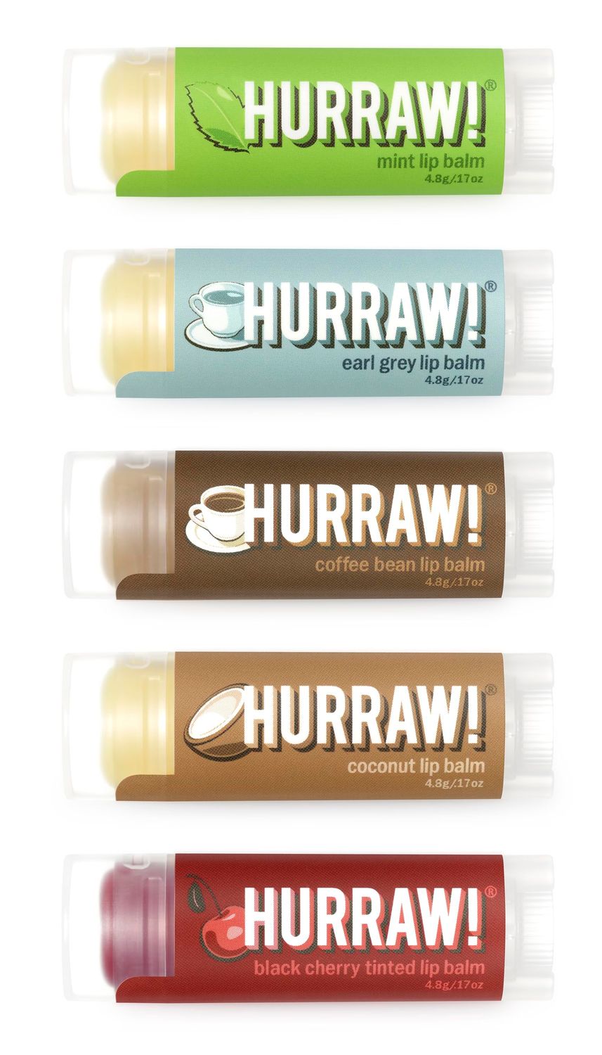 Hurraw! Lip Balms: Staff Favorites, 5 Balm Bundle Pack - Mint, Earl Grey, Coffee Bean, Coconut, Black Cherry (Sheer Red Tint). Organic, Certified Vegan, Cruelty &amp; Gluten Free. All Natural. Made in USA