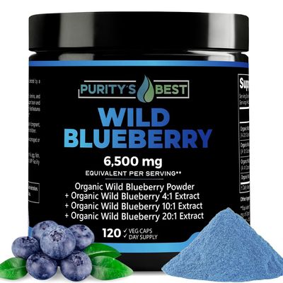 Puritys Best Wild Blueberry Extract - 6,500 mg Equivalent per Serving - Antioxidant Supplement for Brain and Heart Health - Rich in Flavonoids &amp; Anthocyanins - 120 Vegan Capsules - 4 Month Supply