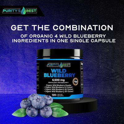 Puritys Best Wild Blueberry Extract - 6,500 mg Equivalent per Serving - Antioxidant Supplement for Brain and Heart Health - Rich in Flavonoids & Anthocyanins - 120 Vegan Capsules - 4 Month Supply