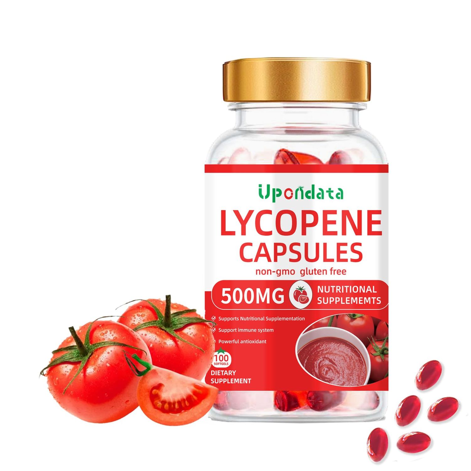 Upondata Lycopene Capsules - 500mg /100 Softgels Natural Tomato Extract Organic Complex Formula Supplement - Gluten-Free, Non-GMO (1 Pack)
