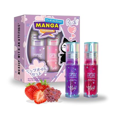 RUDE Cosmetics Lip Oil for Women, Hydrating Lip Gloss Oil Set, Lightweight &amp; Nourishing, Moisturizing Care with a Glossy Finish, Ideal for On-the-Go Care, Manga Collection/Strawberry &amp; Grape