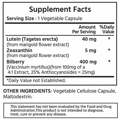 ML Naturals Premium Lutein & Zeaxanthin with Bilberry 120 Vegetable Capsules. Lutein 40 mg, Zeaxanthin 5 mg, and Bilberry 400 mg. All-Natural. High Potency & Premium Quality. Healthy Eyes & Vision.