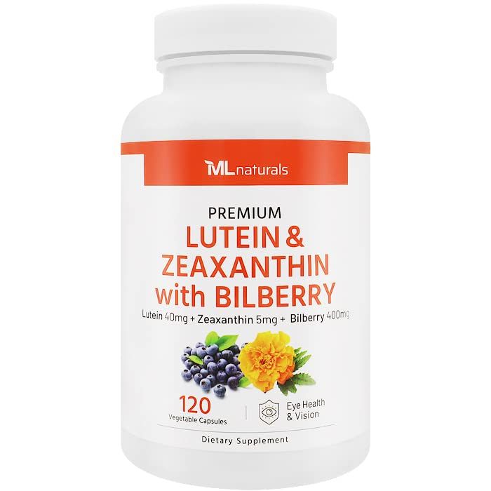 ML Naturals Premium Lutein &amp; Zeaxanthin with Bilberry 120 Vegetable Capsules. Lutein 40 mg, Zeaxanthin 5 mg, and Bilberry 400 mg. All-Natural. High Potency &amp; Premium Quality. Healthy Eyes &amp; Vision.