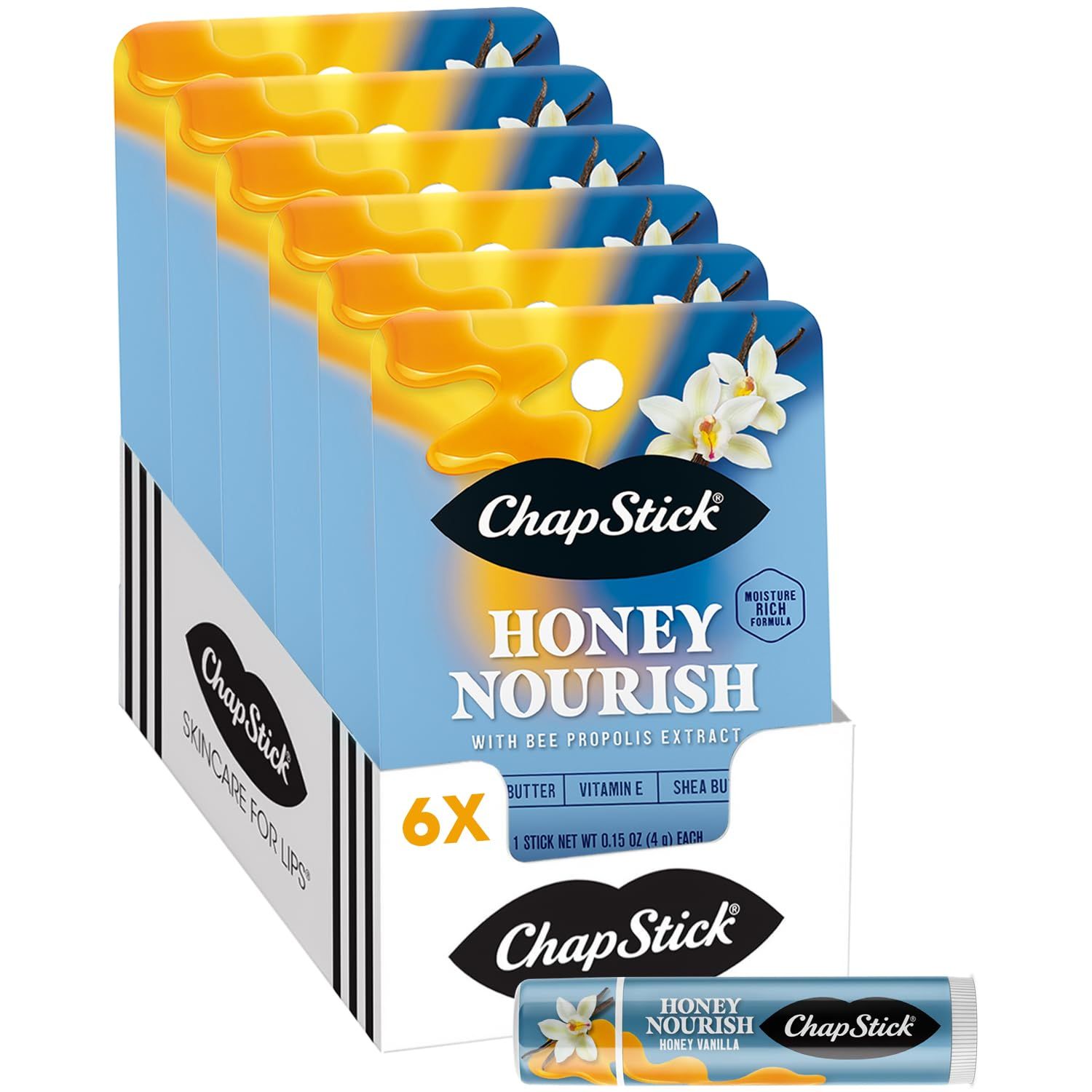 ChapStick Lip Balm, Honey Vanilla 6-Pack -Honey Nourish Moisture-Rich Formula with Bee Propolis Extract, 0.15 Oz Ea