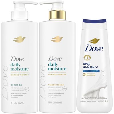 Dove Daily Moisture Shampoo &amp; Conditioner Set with Deep Moisture Body Wash - Deep Hydration for Revitalizing Dry Hair and Skin (3-Piece Set)