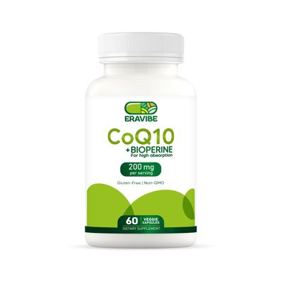 ERAVIBE Pure CoQ10 Bioperine, High Absorption, 200 mg per Serving, 60 Veggie Capsules, Antioxidant, Gluten-Free, Non-GMO